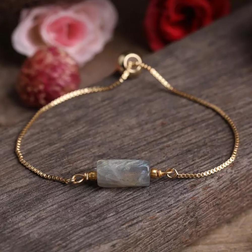 Natural Labradorite Stone Crystal 18k Gold Plated Cord Bracelet